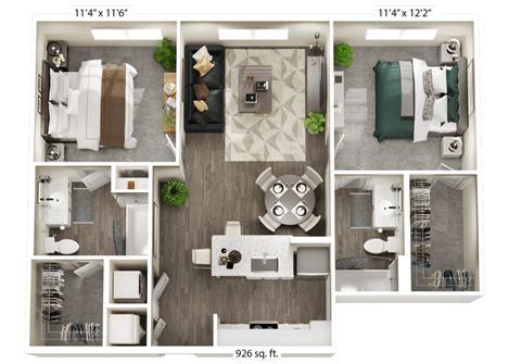 A floor plan of a 926 square foot apartment with three bedrooms, two bathrooms, and a living room.
